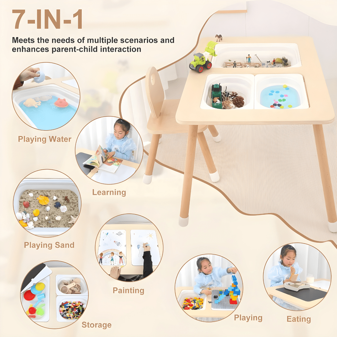 Montessori Wooden Sensory Activity Table with Covered Bins