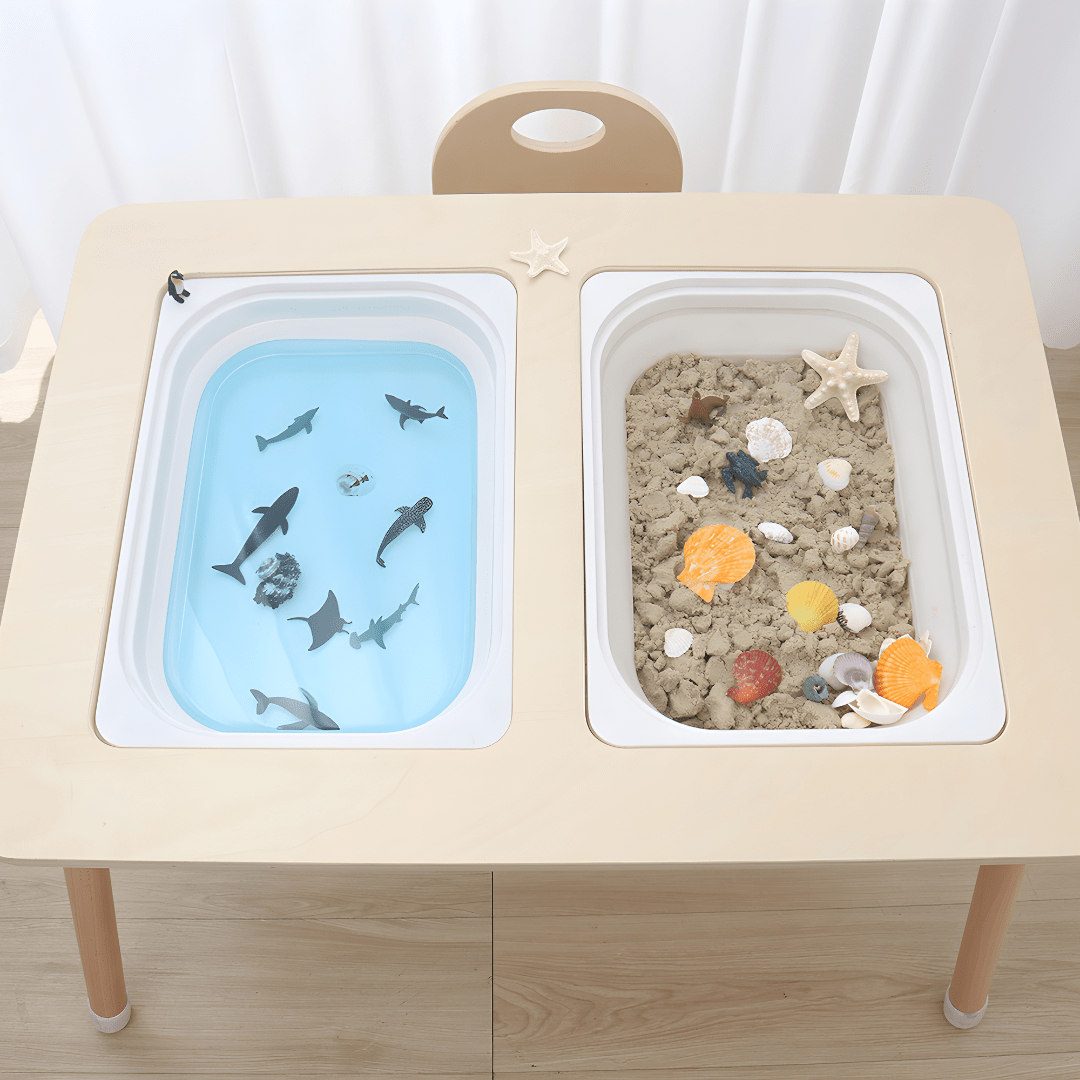 Montessori Wooden Sensory Activity Table with Covered Bins