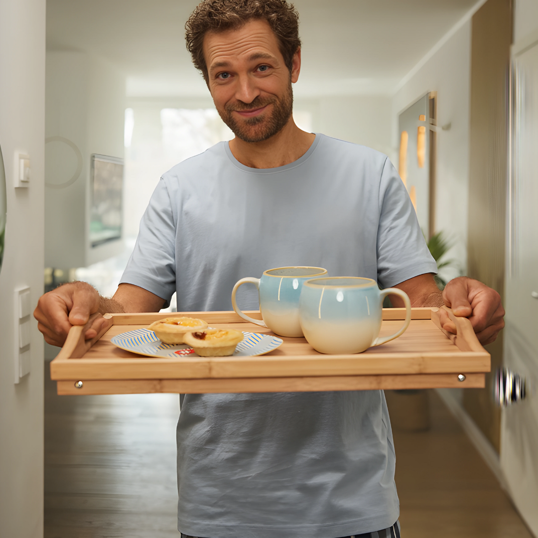 Premium bamboo bed and serving tray with folding legs and handles, perfect for breakfast in bed or serving meals – available in Beirut Lebanon