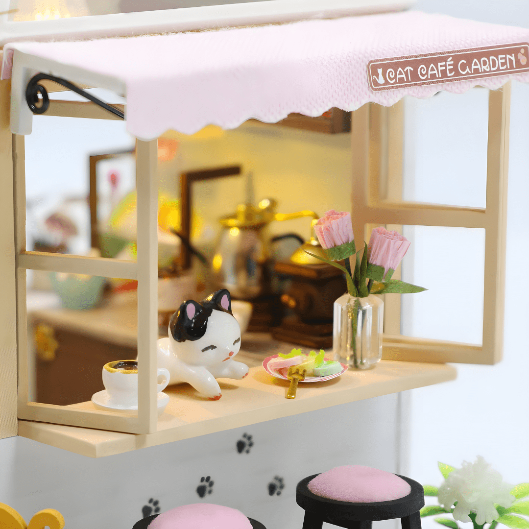 DIY Miniature Cat Café Garden – LED, Music & Dust Cover