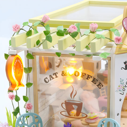 DIY Miniature Cat Café Garden – LED, Music & Dust Cover