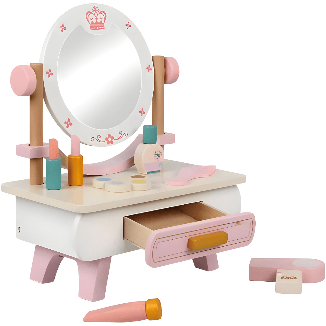 Wooden kids makeup vanity dresser with mirror and pink accessories – Beirut Lebanon