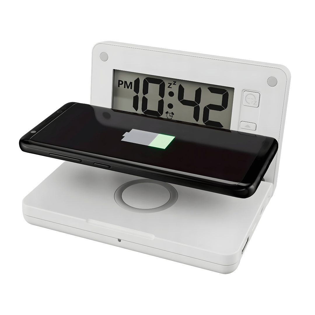 Silver Crest Digital Alarm Clock with Qi® Wireless Charging & LCD Display