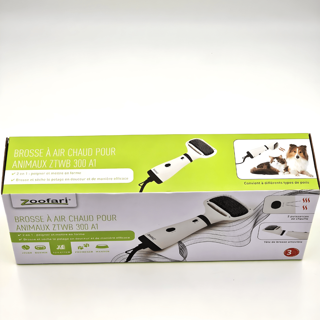 Zoofari 2-in-1 pet dryer with brush, 300W quiet grooming tool with rounded stainless steel bristles, gently dries and detangles all coat types.