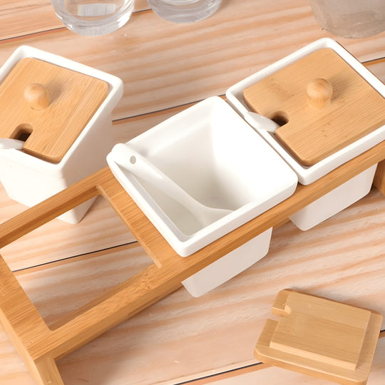 مجموعة علب التوابل الخزفية مع حامل من الخيزران و3 ملاعق