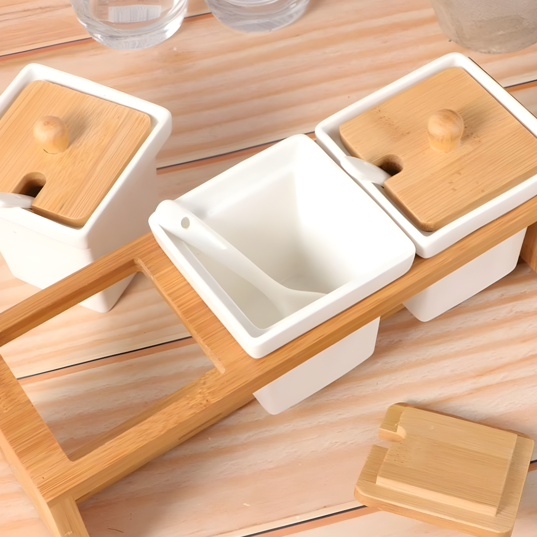 Ceramic Spice Box Set with Bamboo Stand and 3 Spoons