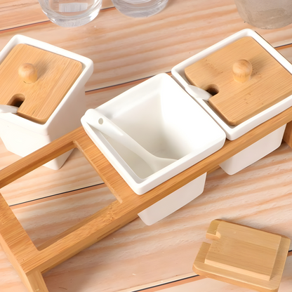 Ceramic Spice Box Set with Bamboo Stand and 3 Spoons