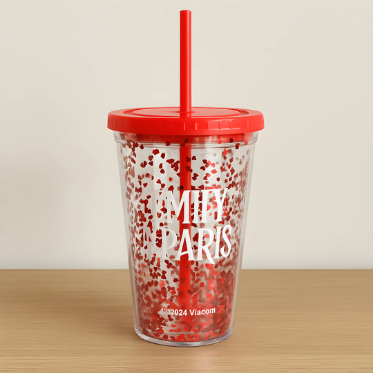 Emily in Paris reusable 400ml tumbler with straw and red heart glitter design
