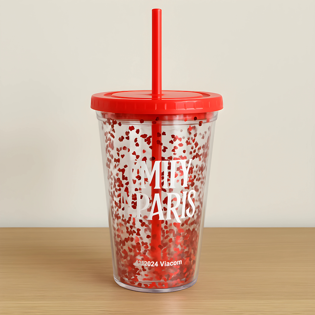 Emily in Paris reusable 400ml tumbler with straw and red heart glitter design