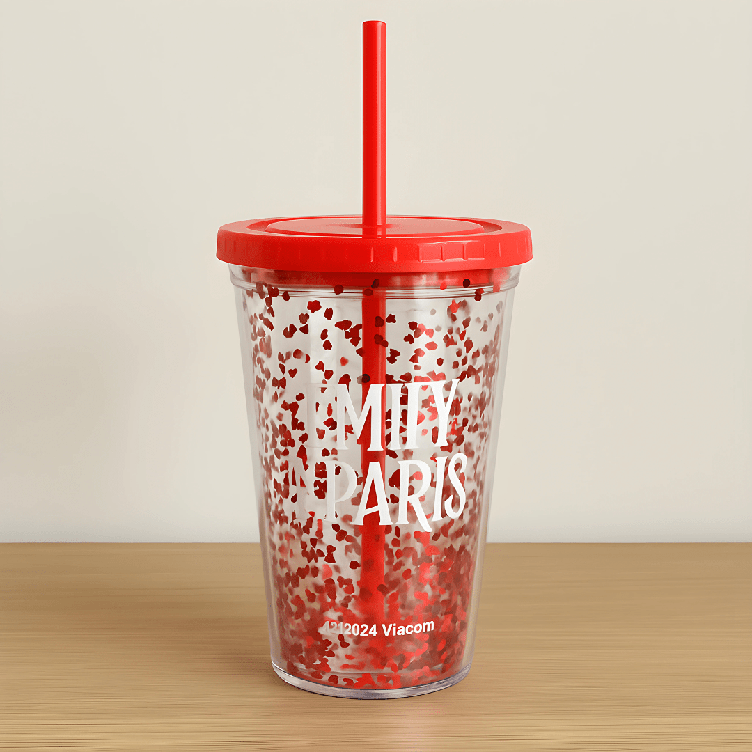 Emily in Paris reusable 400ml tumbler with straw and red heart glitter design