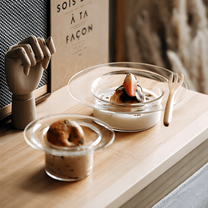 Elegant 250ml clear glass bowl with cap-shaped design, ideal for serving dessert, salad, or breakfast – available in Beirut, Lebanon