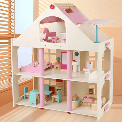 Wooden Dollhouse with Full Furniture Set – 3-Level Playhouse