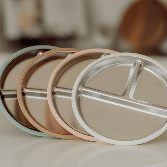 Stainless steel and silicone suction plate for babies with divided sections