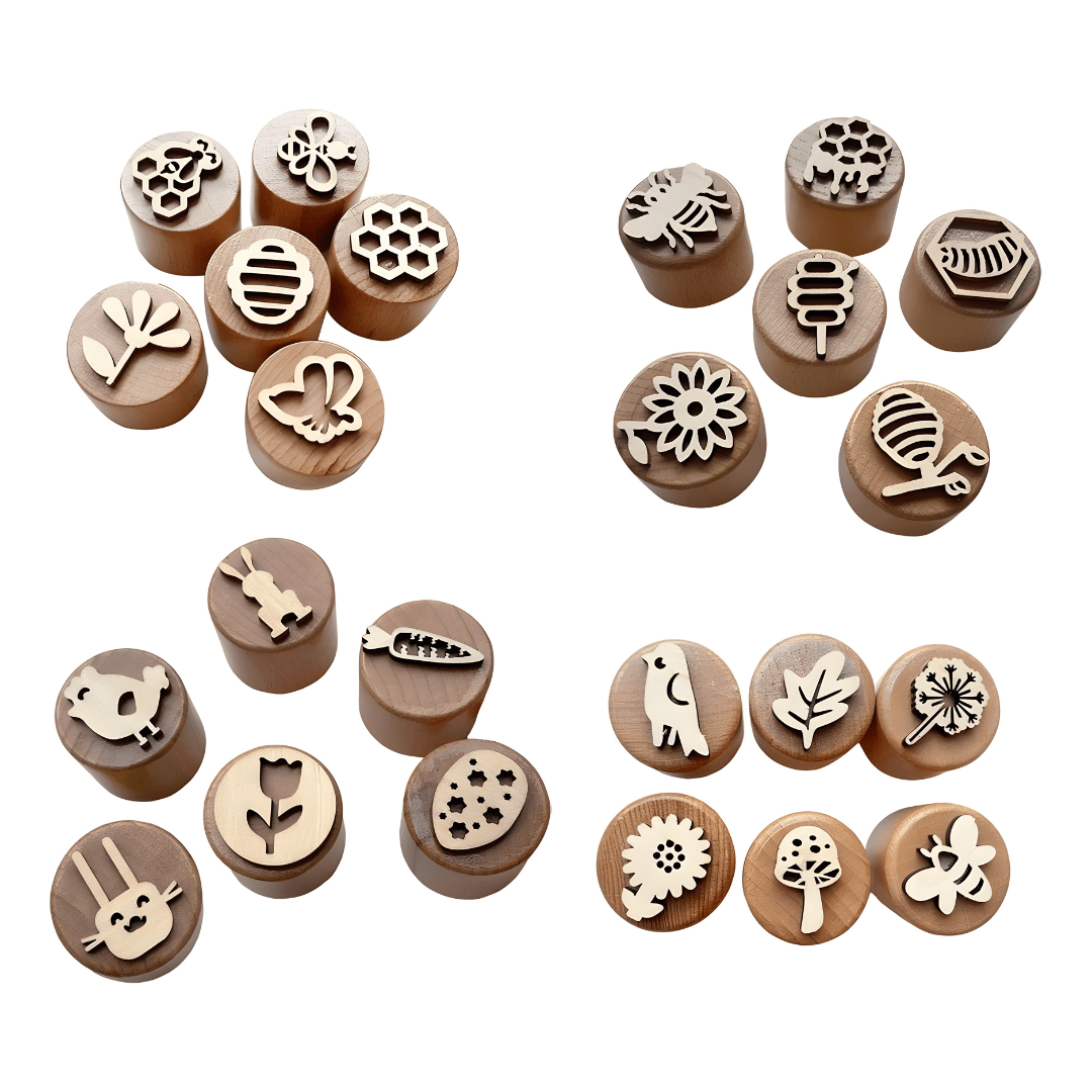 Woodland Nature wooden stamp blocks with bird, leaf, dandelion, flower, mushroom and bee designs