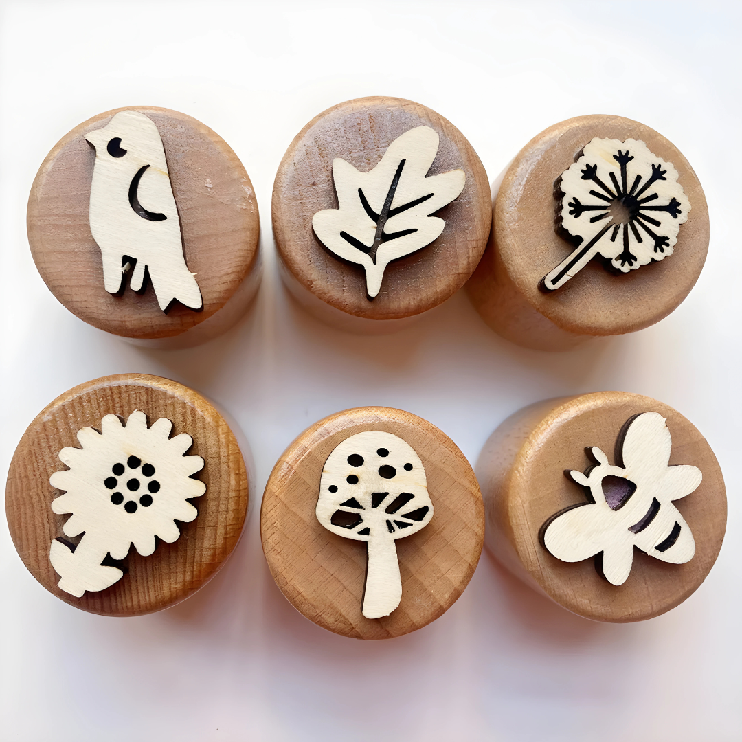 Woodland Nature wooden stamp blocks with bird, leaf, dandelion, flower, mushroom and bee designs