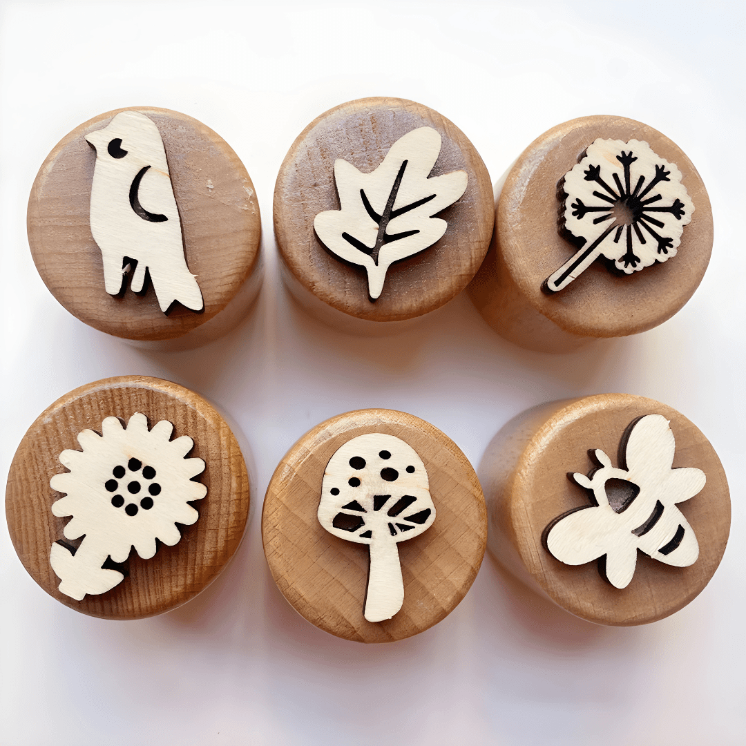 Woodland Nature wooden stamp blocks with bird, leaf, dandelion, flower, mushroom and bee designs