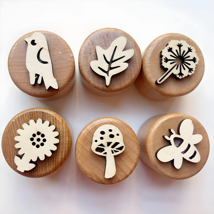 Woodland Nature wooden stamp blocks with bird, leaf, dandelion, flower, mushroom and bee designs
