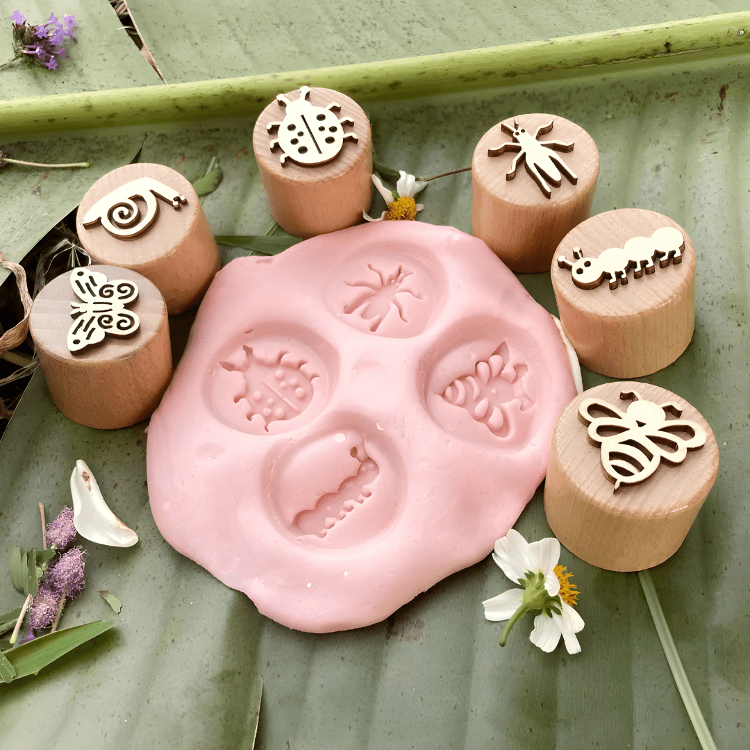 Woodland Nature wooden stamp blocks with bird, leaf, dandelion, flower, mushroom and bee designs