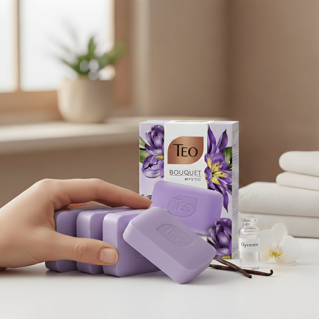 Teo Bouquet Mystic purple bar soaps with vanilla essence and glycerin on a clean white surface with spa towels.