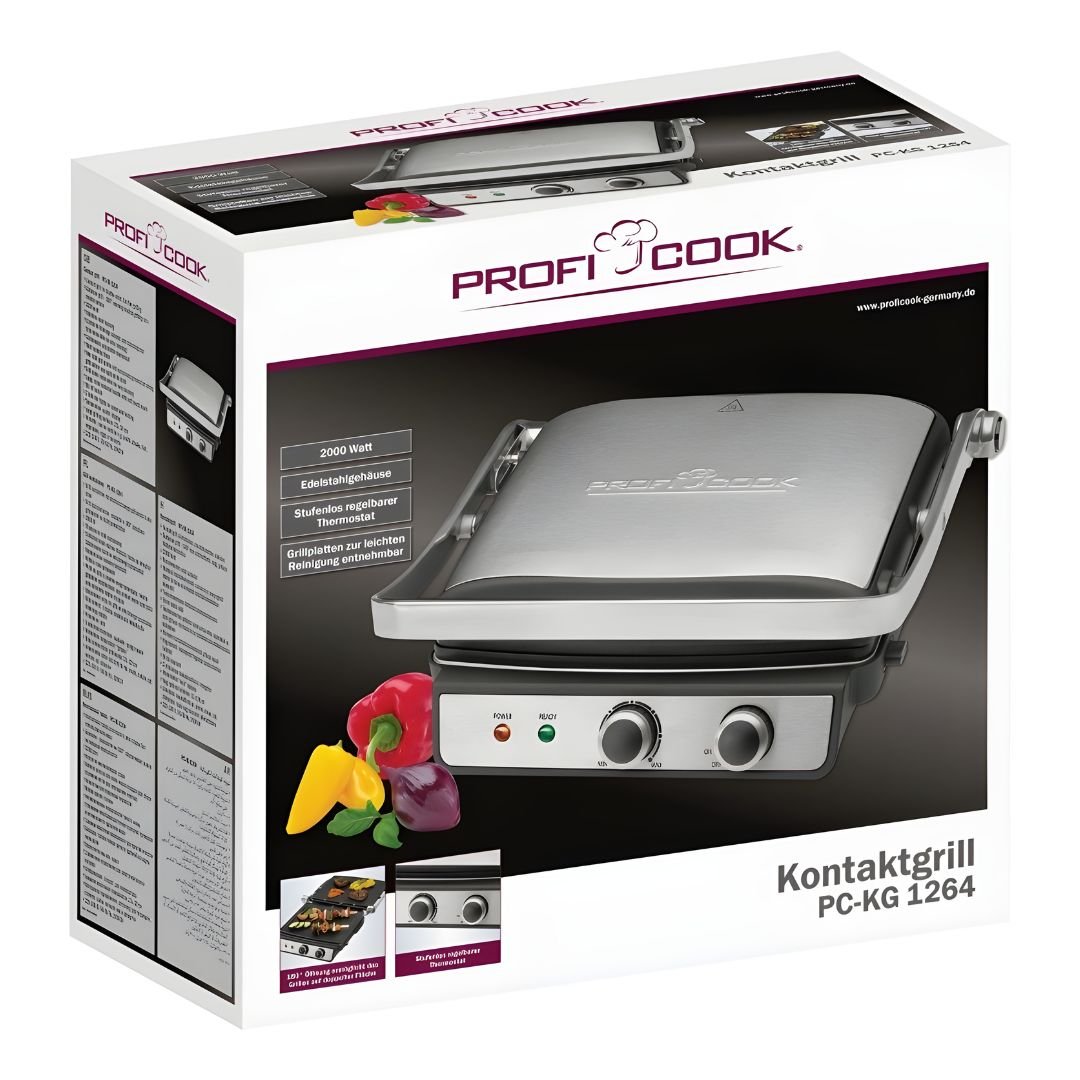 ProfiCook PC-KG 1264 electric contact grill 2000W with removable non-stick grill plates and stainless steel body