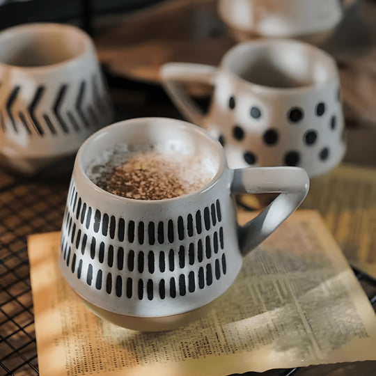 Handmade 300ml stoneware coffee mug with polka dot design – premium ceramic cup for tea or coffee, durable & stylish, available in Beirut Lebanon.