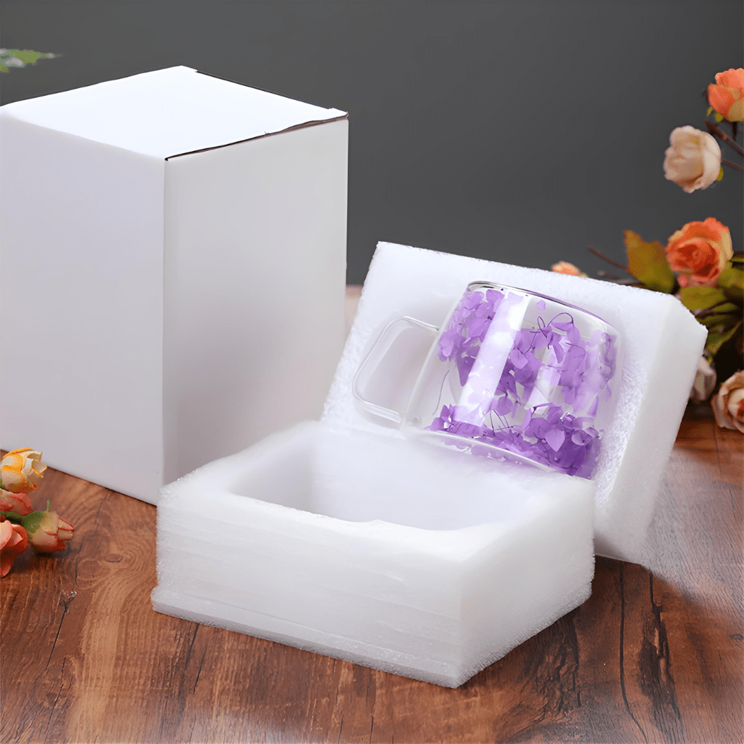 Floral double wall glass mug with dried flowers, available in Beirut Lebanon

