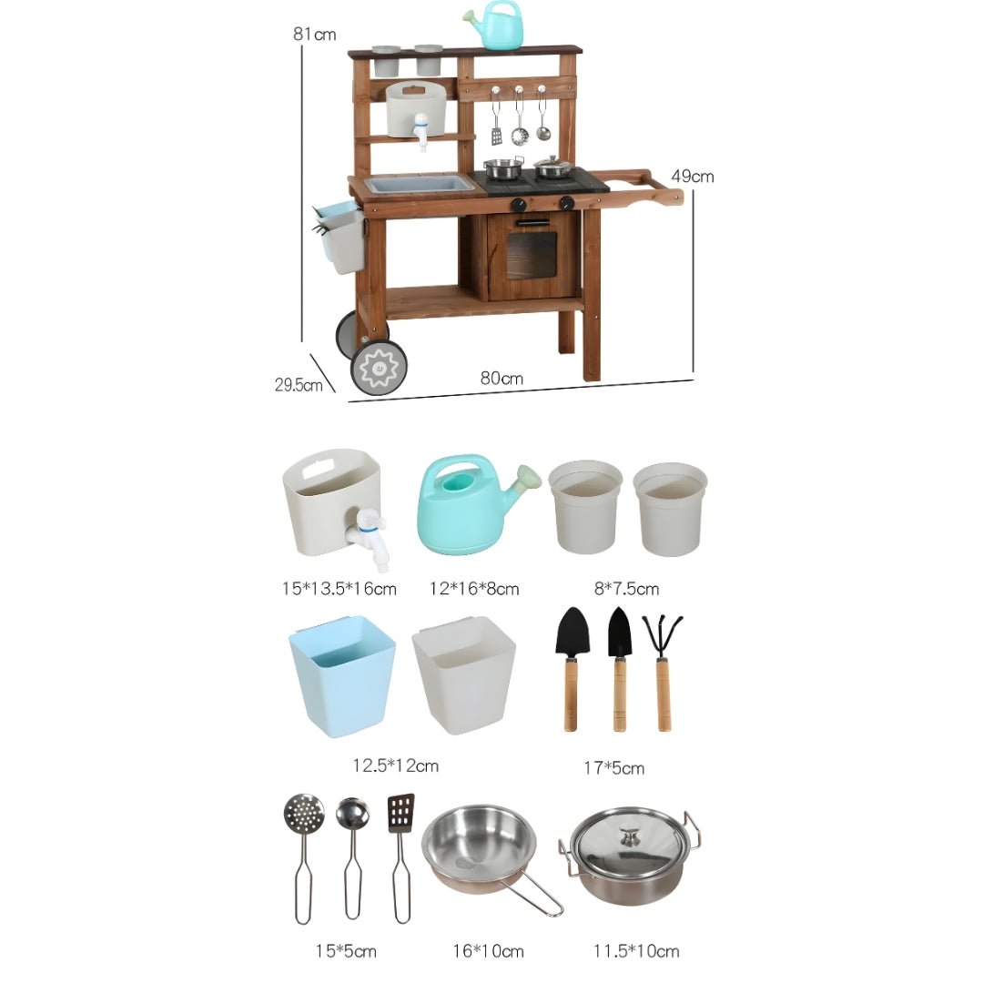 Wooden Backyard Kids Kitchen Set with Wheels & Accessories 3 Years +