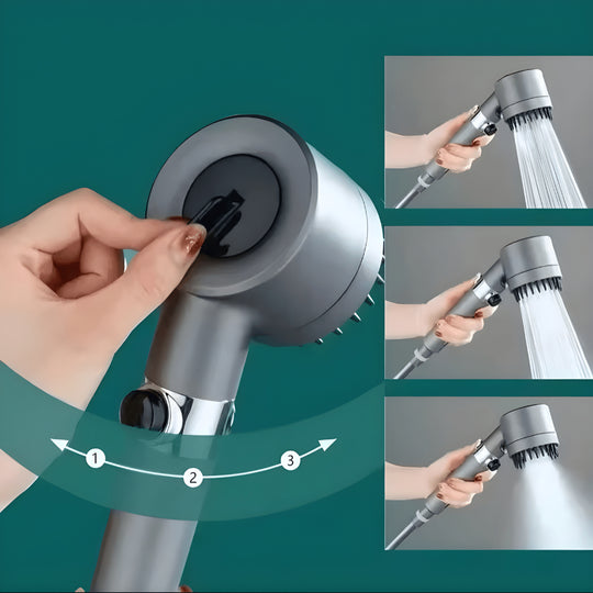 Turbo-charged high-pressure shower head with hose and filters