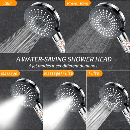 5-in-1 high-pressure filtered shower head with hose and mineral beads