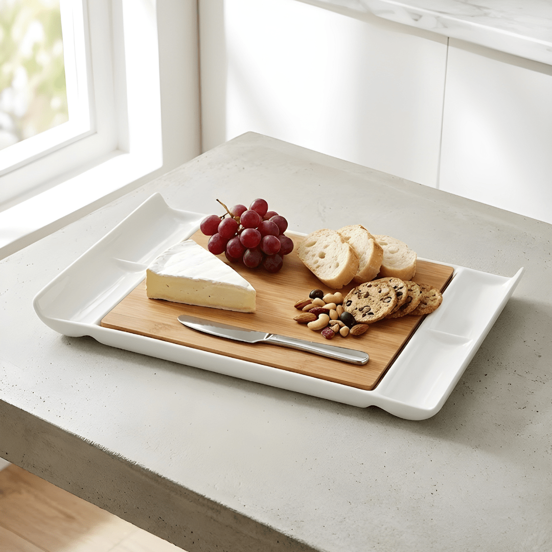 ERNESTO 2-in-1 bamboo and ceramic serving tray with removable cutting board and porcelain dip compartments