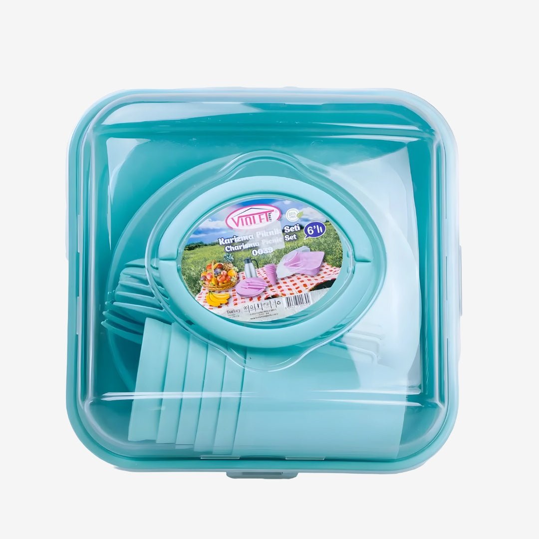 Violet 32-piece picnic tableware set with storage box – includes plates, glasses, forks, spoons, and knives, BPA-free and ideal for outdoor use

