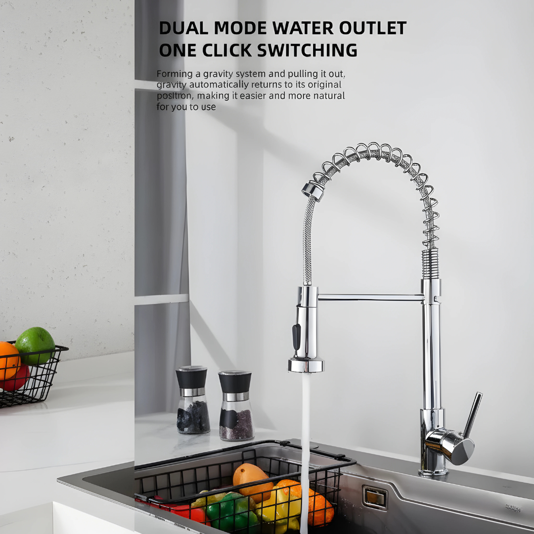 Pull-out kitchen sink faucet with 360 degree rotating spring design