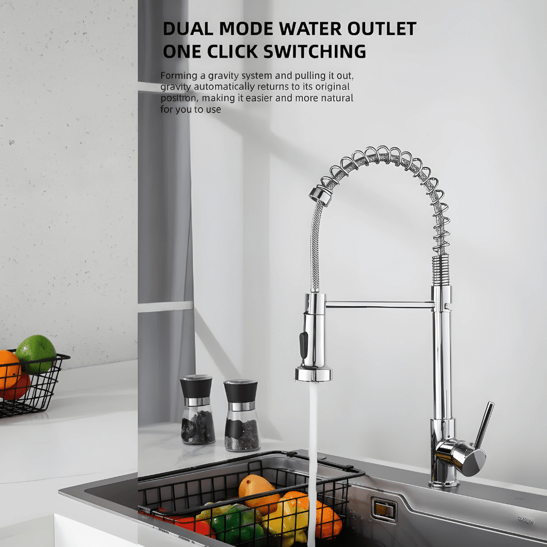 Pull-out kitchen sink faucet with 360 degree rotating spring design