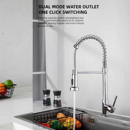 Pull-out kitchen sink faucet with 360 degree rotating spring design