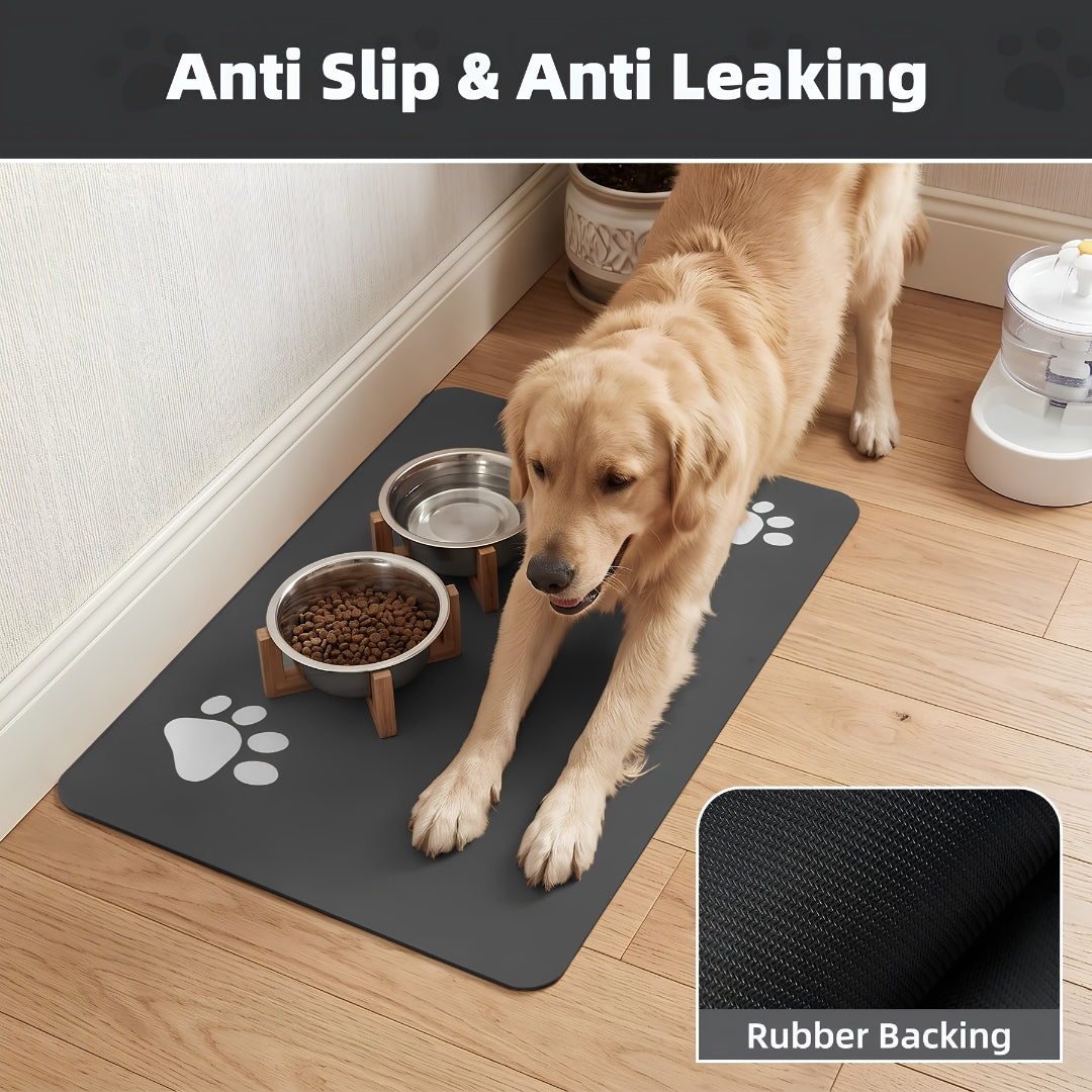 Golden retriever dog eating from bowls placed on a premium dark gray spill-proof pet feeding mat in a modern Lebanese home.