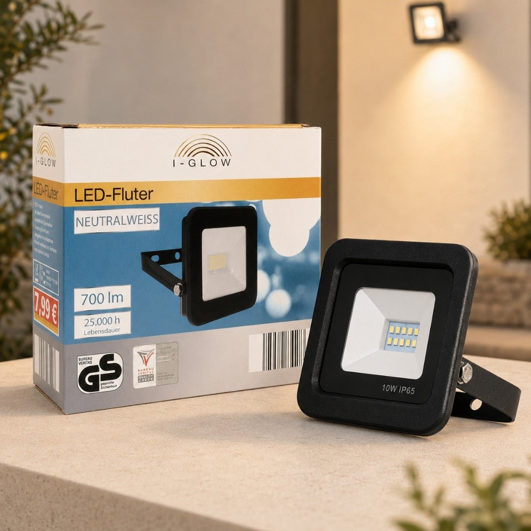 I-GLOW 10W IP65 LED floodlight 700lm neutral white outdoor lighting with product box
