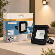 I-GLOW 10W IP65 LED floodlight 700lm neutral white outdoor lighting with product box

