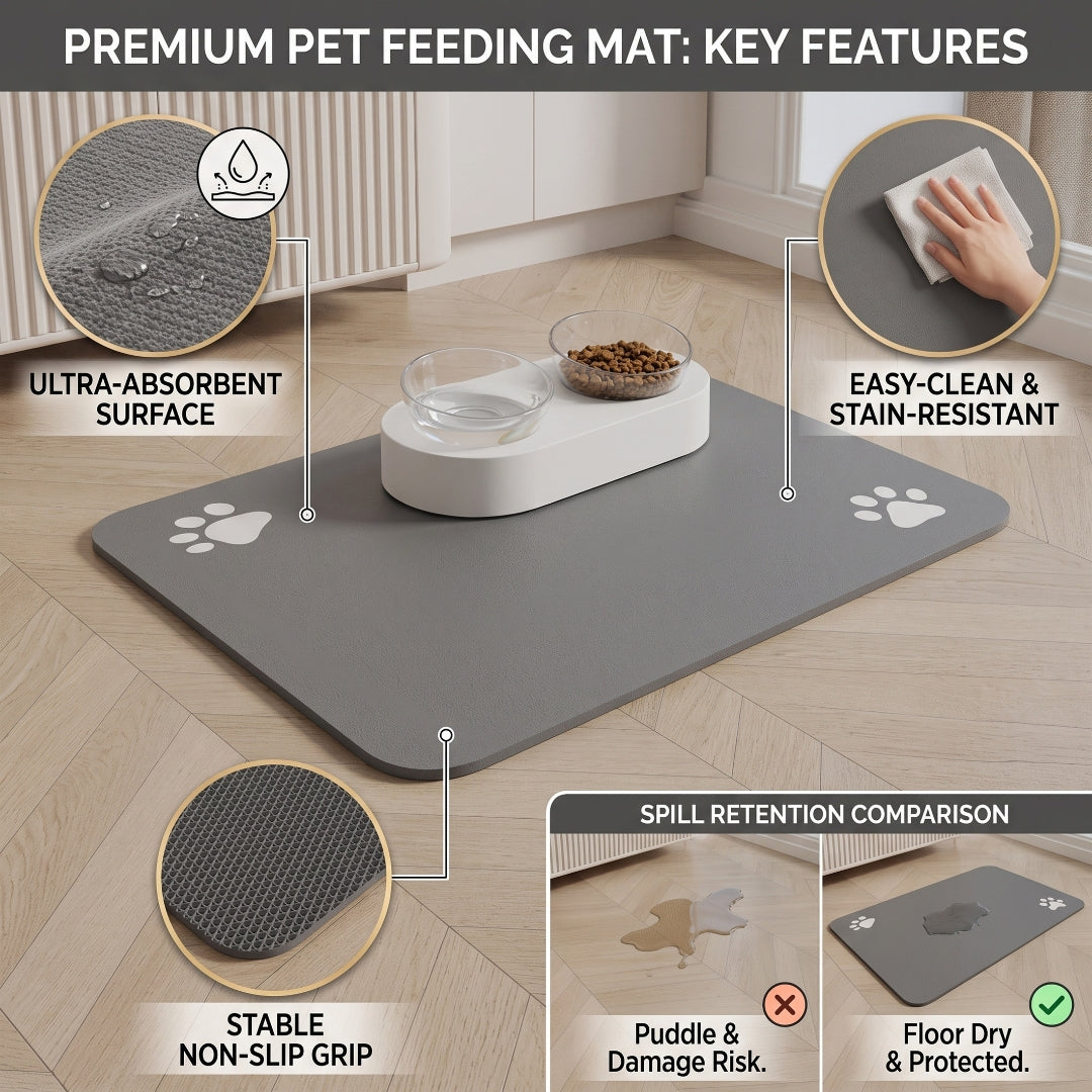 Dark gray and light beige absorbent pet feeding mat with food bowls, featuring a waterproof non-slip rubber base. Pet supplies Beirut Lebanon.