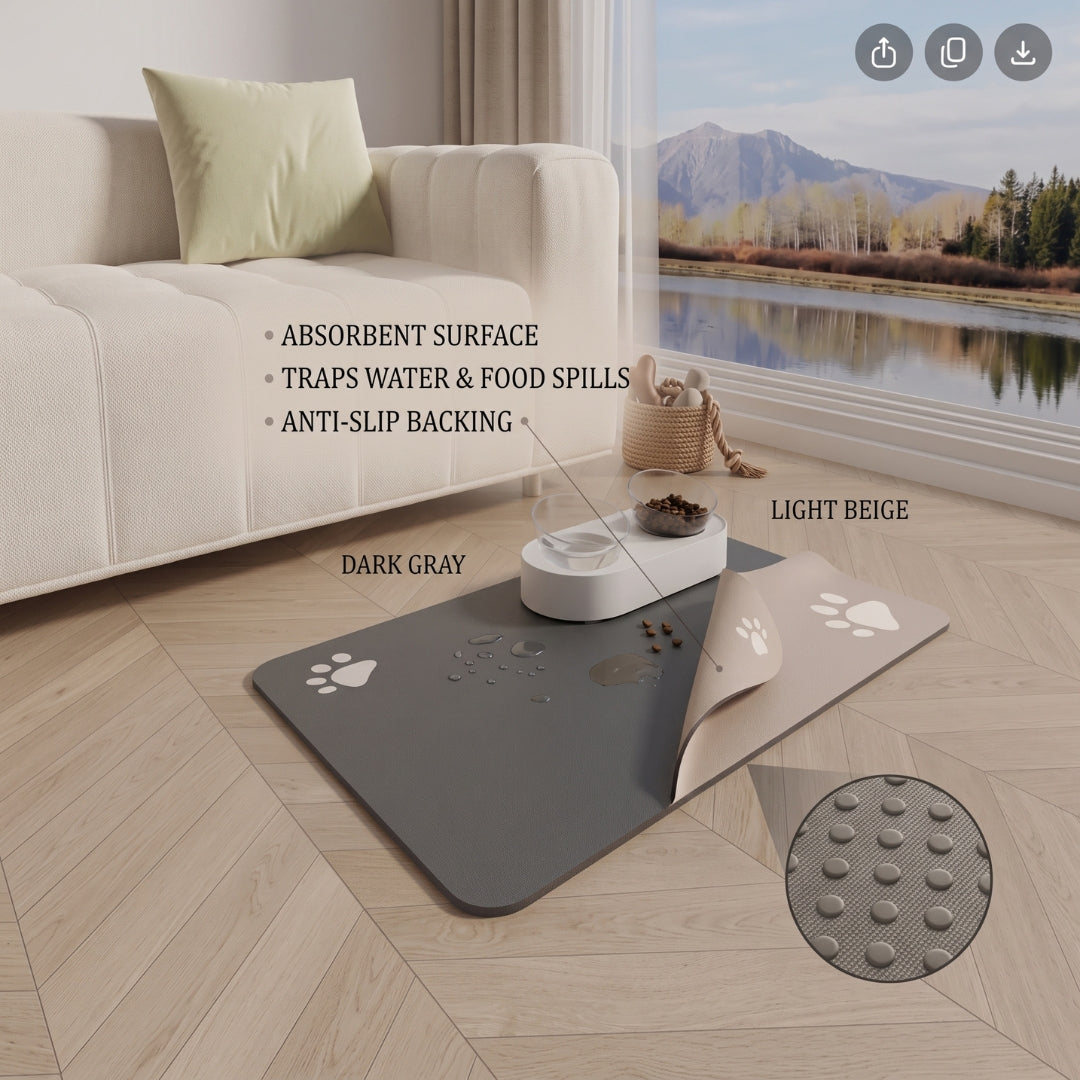 Dark gray and light beige absorbent pet feeding mat with food bowls, featuring a waterproof non-slip rubber base. Pet supplies Beirut Lebanon.