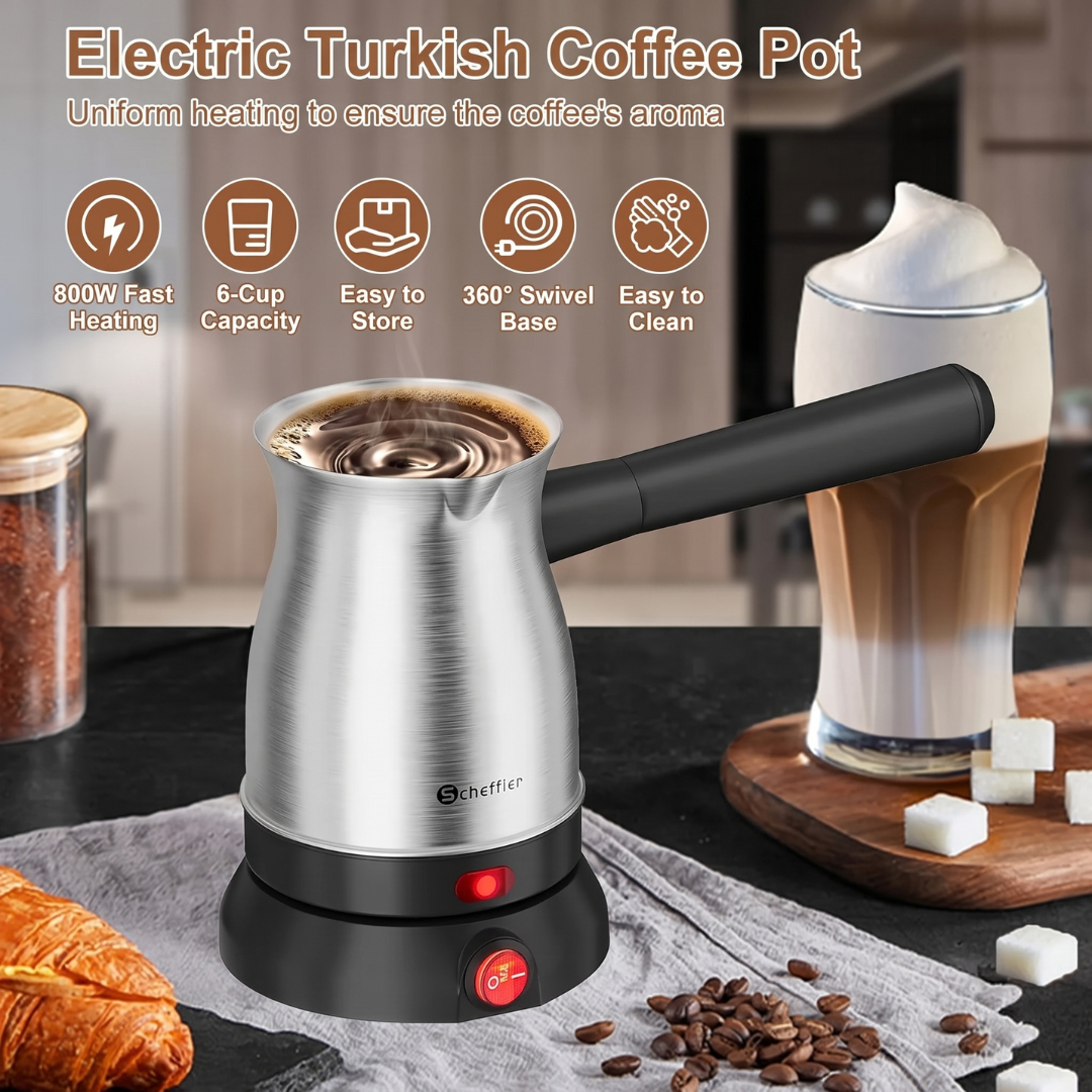 Scheffler 800W electric Turkish coffee pot in stainless steel, featuring a detachable handle, drip-free spout, and a 360-degree base.
