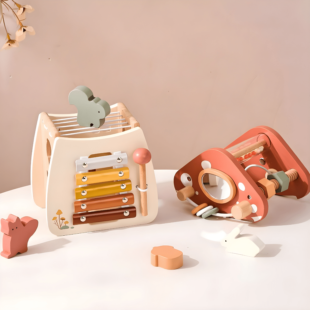 Wooden mushroom activity cube Montessori toy for toddlers in Beirut Lebanon with xylophone abacus shape sorter and busy board features