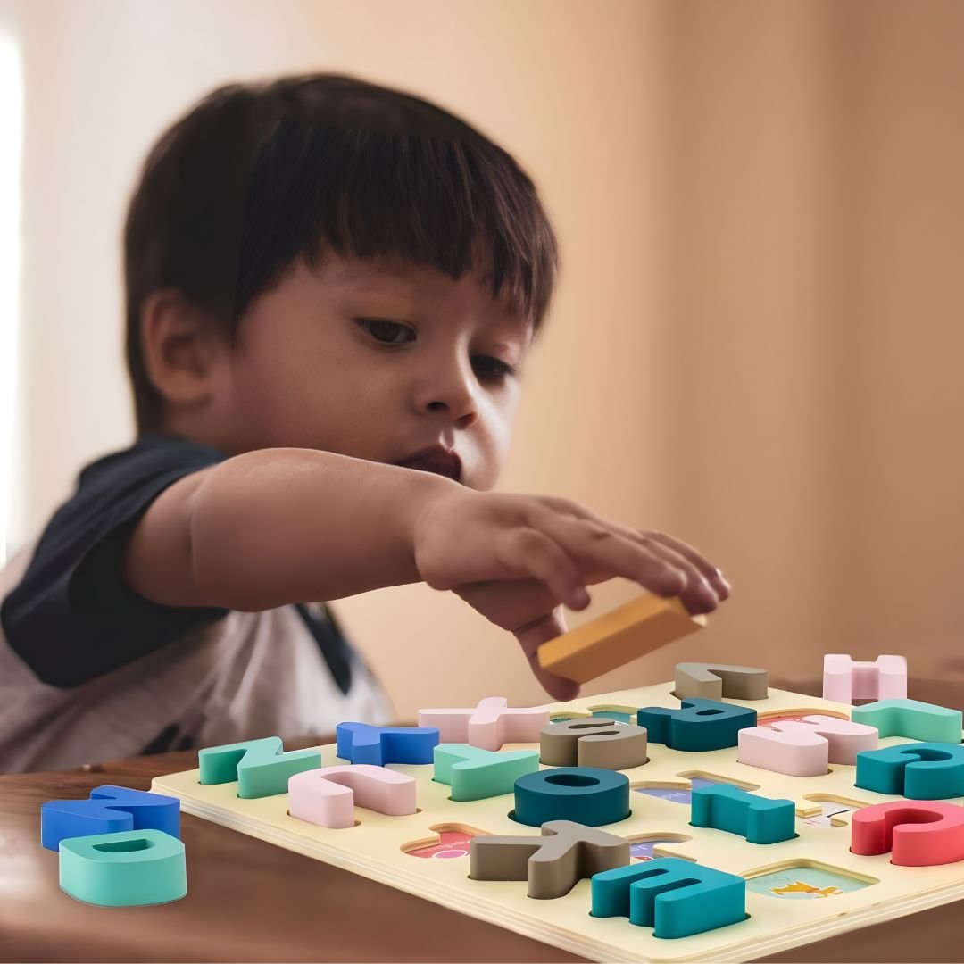 Montessori wooden alphabet puzzle board for kids with colorful letters and educational learning design