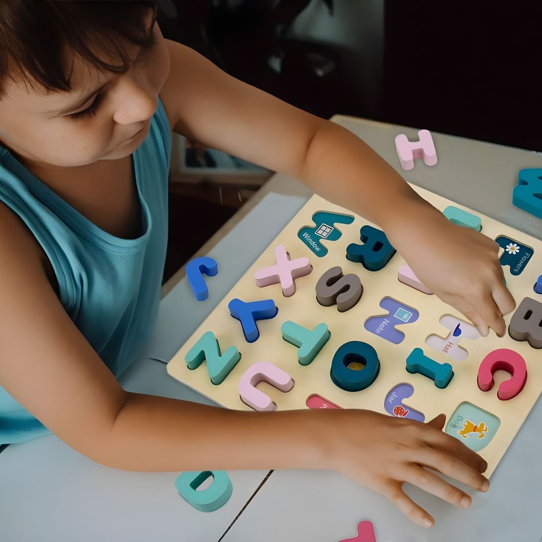 Montessori wooden alphabet puzzle board for kids with colorful letters and educational learning design