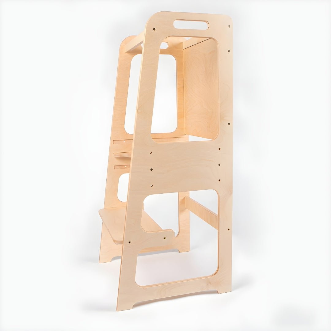 Birch wood Montessori learning tower with blackboard for kids, safe and sturdy kitchen helper, available in Beirut Lebanon.