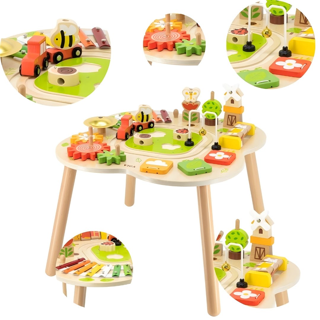 Wooden Montessori sensory activity table with puzzles, gears, bell, and train track — safe non-toxic paint, fun educational toy for toddlers, Beirut Lebanon.