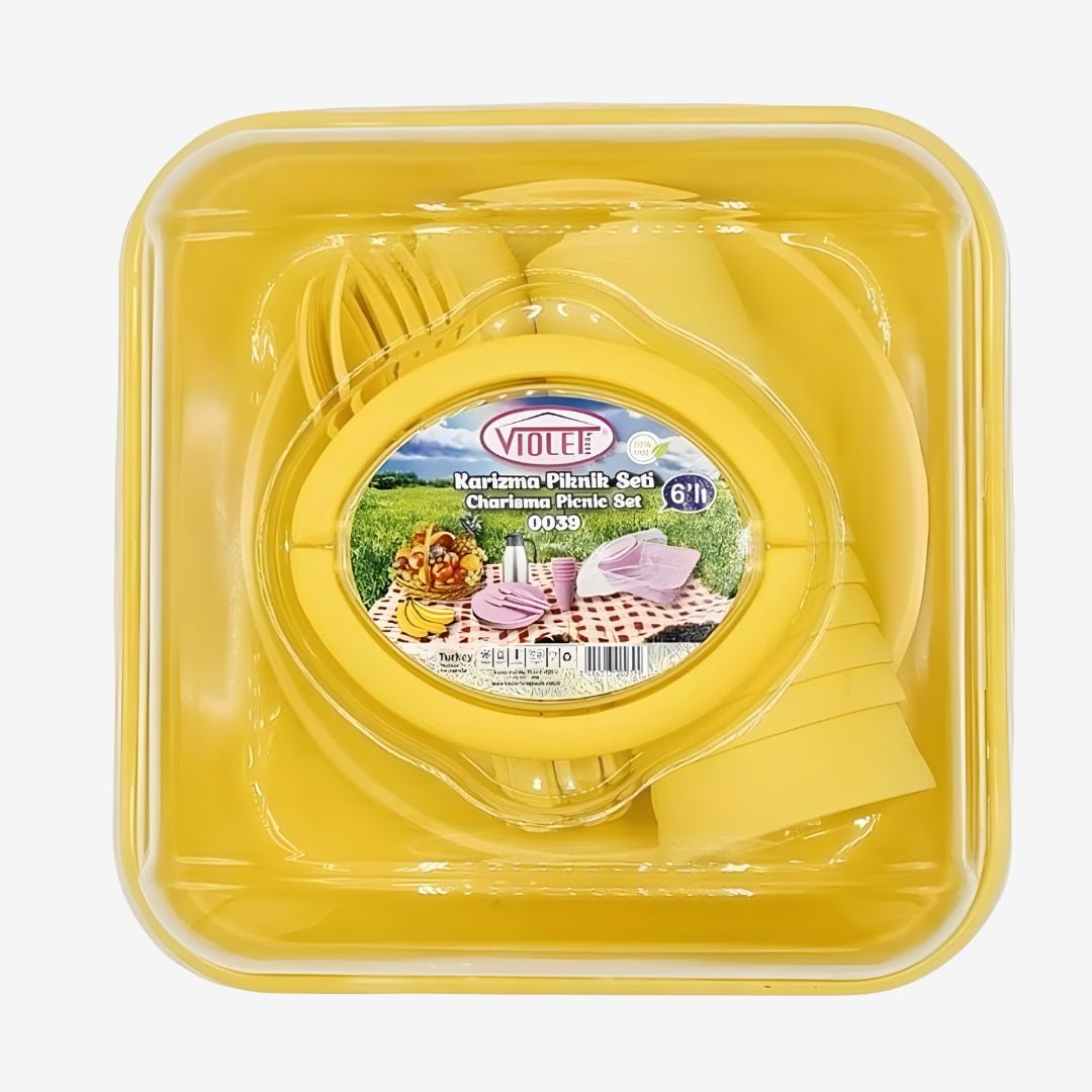 Violet 32-piece picnic tableware set with storage box – includes plates, glasses, forks, spoons, and knives, BPA-free and ideal for outdoor use

