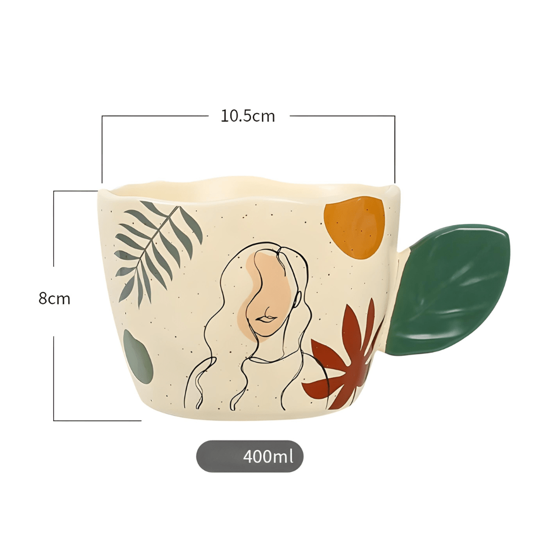 400ml hand-printed ceramic mug with leaf handle and artistic face design – Beirut Lebanon