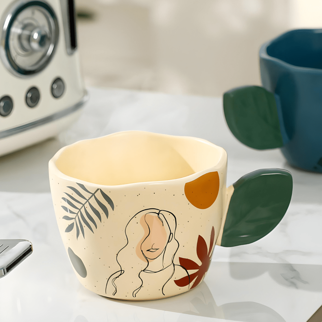 400ml hand-printed ceramic mug with leaf handle and artistic face design – Beirut Lebanon