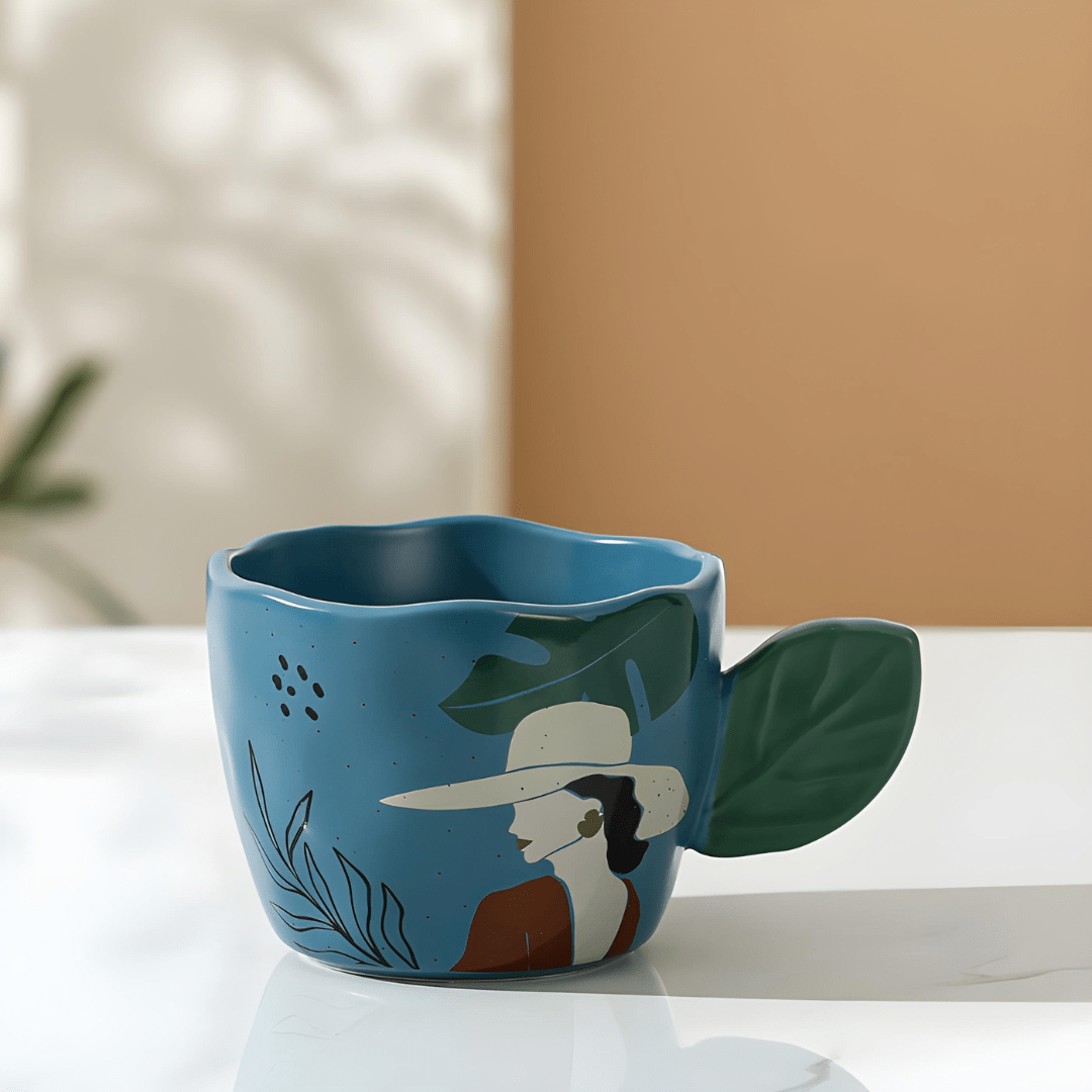 400ml hand-printed ceramic mug with leaf handle and artistic face design – Beirut Lebanon