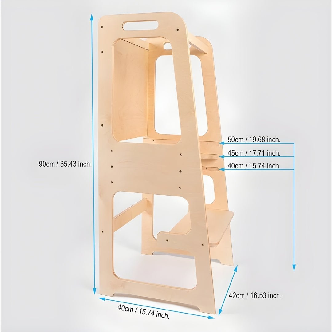 Birch wood Montessori learning tower with blackboard for kids, safe and sturdy kitchen helper, available in Beirut Lebanon.